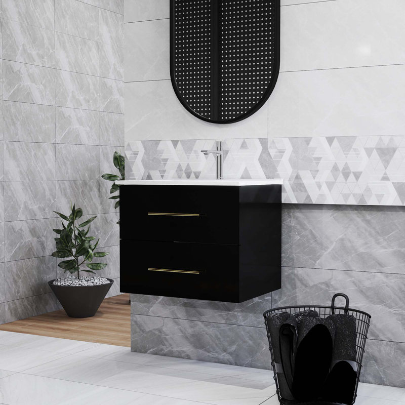 Gloss Wall-Mounted Bathroom Vanity With Mirro, Black, Gold, 24"