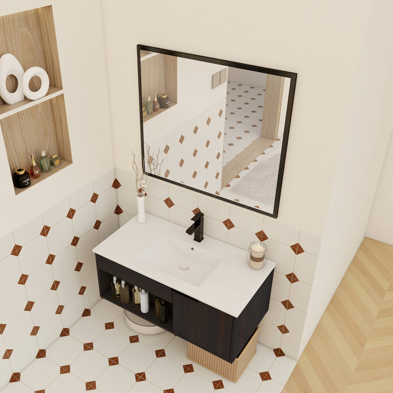 Meuble-lavabo flottant mural de 36 pouces avec lavabo en céramique, armoire en chêne foncé, tablette ouverte et porte à fermeture en douceur pour un espace de rangement spacieux