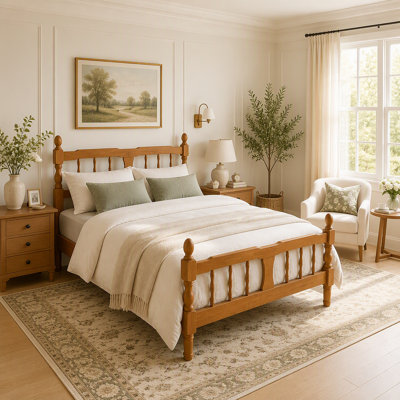 Base de lit pleine grandeur en bois, cadre de lit classique en bois avec tête et pied de lit à broche, support à lattes en bois, style campagnard traditionnel, aucun sommier requis, assemblage facile, noyer clair
