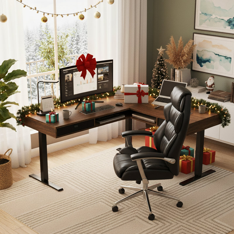 Bureau debout électrique en L de 63 po x 55 po, bureau d'angle à hauteur réglable avec 2 tiroirs sous le bureau et rangement ouvert, bureau assis-debout avec plateau multiprise et gestion des câbles