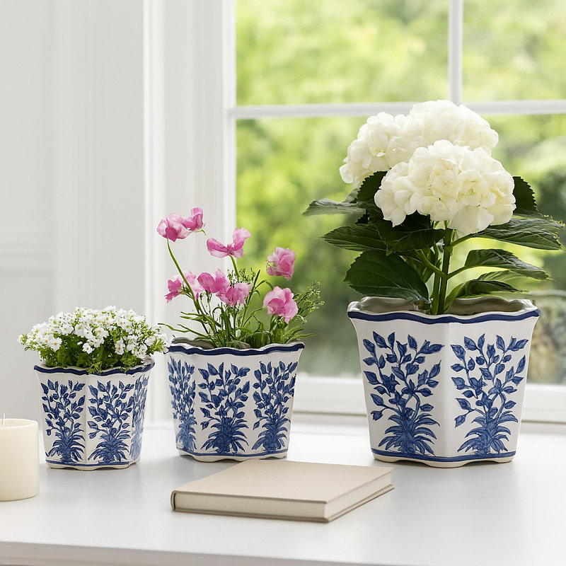 Bethony Decorative Stoneware Ceramic Planter Set with Intricate Detailing Durable Handmade Design Accent Containers for Indoor Outdoor Display Versatile Home Decor Plant Holders Set of 3