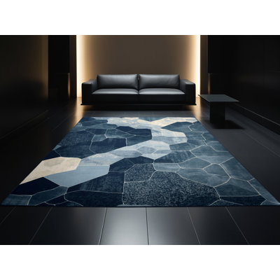 Tapis bleu moderne et contemporain lavable à la machine Pauleta
