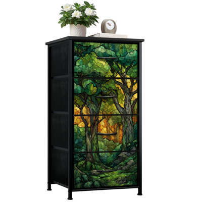 Stained Glass Style Dresser for Bedroom with 4 Storage Drawers Mystical Woodland Mosaic Dressers Chest of Drawers Steel Framed Fabric Closet Organizers for Dorm Entryway Farmhouse