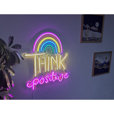 Enseigne au néon en métal Think positif, décoration murale au néon, décoration lumineuse, enseigne au néon à DEL, décoration murale au néon, enseigne au néon, art mural au néon, décoration intérieure, cadeaux de mariage, couleur arc-en-ciel, 