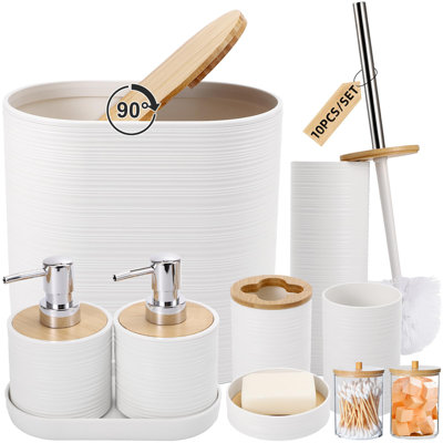 White Bathroom Set, White Bathroom Accessories Set with Trash Can, 2PCS Soap Dispensers, Soap Dish, Toothbrush Holder, Toothbrush Cup,Toilet Brush