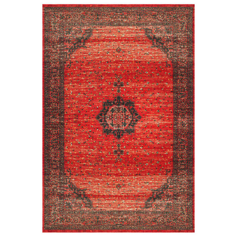 Susan Red Oriental Machine Printed Cotton Polyester Area Rug, Square 4'