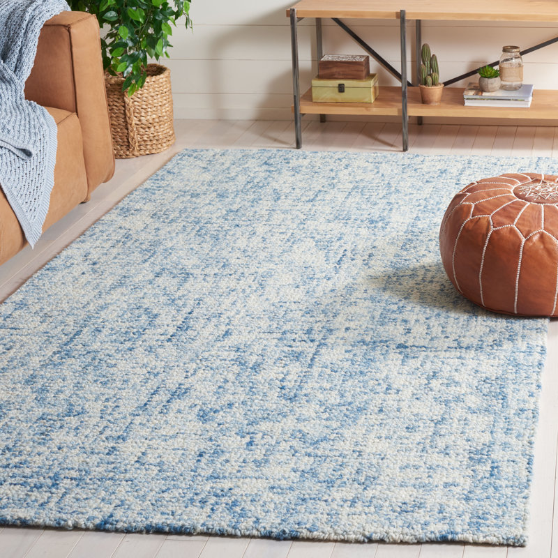 Tapis abstrait bleu / ivoire en laine / coton touffeté à la main Geline, Rectangle 4 pi x 6 pi