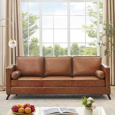 86" Mid-Century Modern Leather Sofa, Deep Seat Brown PU Couch with Wide Armrests, Waterproof 3-Seater Cloud Sofa for Living Room & Office, Orange
