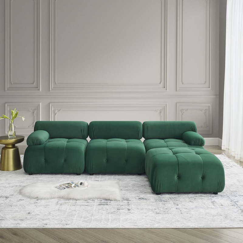 Canapé modulaire modulaire, capitonné à boutons et bricolage, canapé en forme de L avec repose-pieds réversible, Velours vert