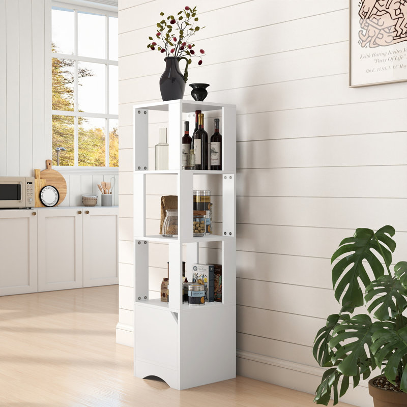 Tall Narrow Storage Tower with Enclosed Bottom Cabinet, Modern Vertical Bookshelf Open Display Rack, Space Saving Organizer Unit for Living Room Bathroom Adult Home Décor