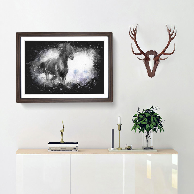 Wild Black Horse - Picture Frame Graphic Art Print, 24cm H x 33cm W x 2cm D, Walnut Framed