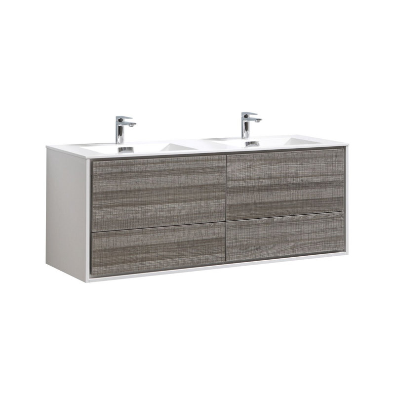 Ensemble de meuble-lavabo double mural 59 po Trieu, Blanc brillant / gris