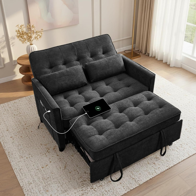 Canapé-lit convertible de 55 po avec dossier réglable, ports USB et poches latérales, Noir