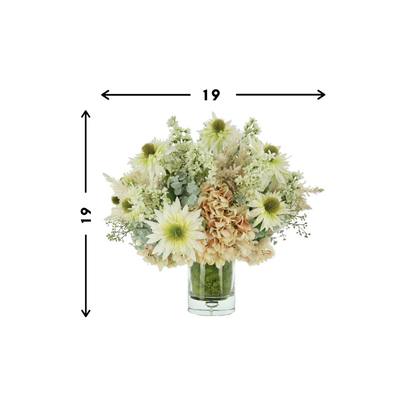 Hydrangea, Daysis,Lilac And Pampas Arrangement In A Glass Vase With Moss