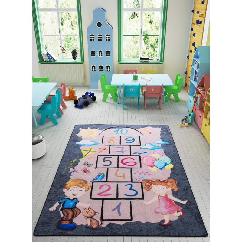 Tapis rectangulaire rose / bleu touffeté à la machine Arrowwood, Rectangle 6 pi 7 po x 9 pi 6 po