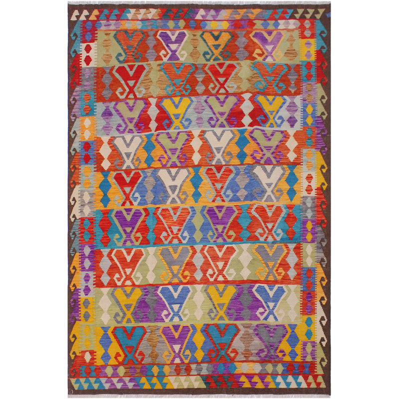 Tapis rouge / brun en laine noué à la main 6 pi 5 po x 9 pi 7 po Madee Southwestern