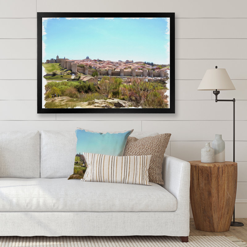 Vue sur les remparts de la ville médiévale - reproduction sur toile, H 24 po x l 32 po x P 1 po, Cadre photo noir