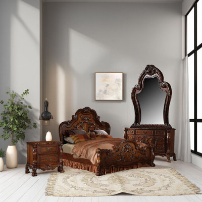 Rosy 4 Piece Bedroom Set, Raised Inlay Moldings, Cherry Oak Brown