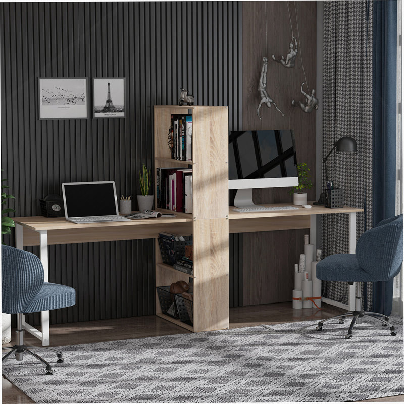 Bureau d'ordinateur avec tablettes de rangement et table de travail double