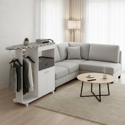 Armoire à planche à repasser autoportante avec rangement, chariot de repassage mobile avec roues verrouillables pour la lessive, la chambre à coucher et le vestiaire
