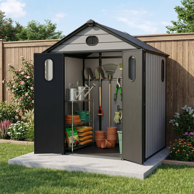 Outdoor Resin Storage Shed, Heavy-Duty Plastic Shed with Reinforced Floor, Windows & Mesh Vents, Lockable Door, Garden Shed