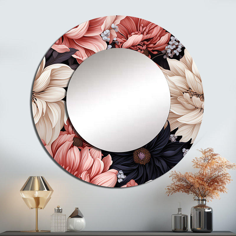 Ribaudo Light Pink And Pink Flowers  Pattern - Floral Mirror, Cottage Round Decorative Wall Mirror, Printed Metal Art