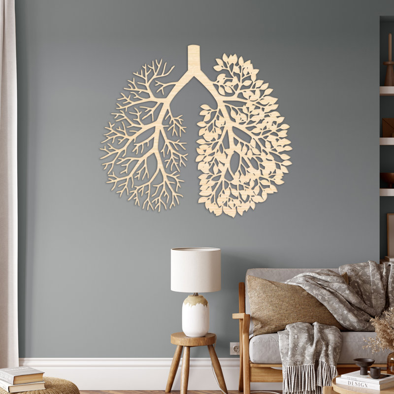 Art mural en forme de poumon fait de feuilles et de branches - bouleau baltique naturel, H 28,7 po x l 32 po x P 0,25 po