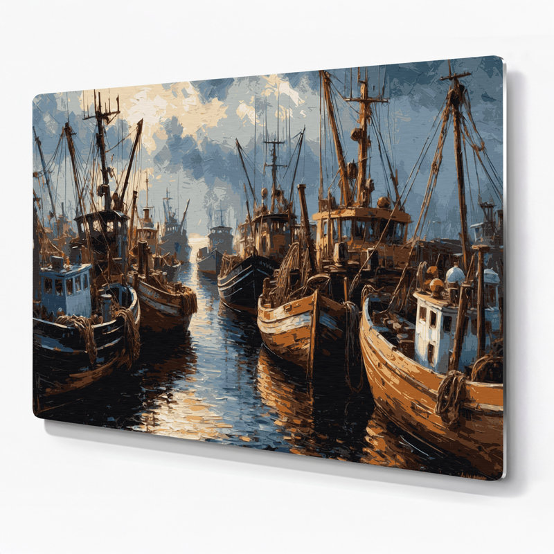 Transport, bateaux de pêche et chalutiers, art mural en métal brun, H 20 po x l 30 po