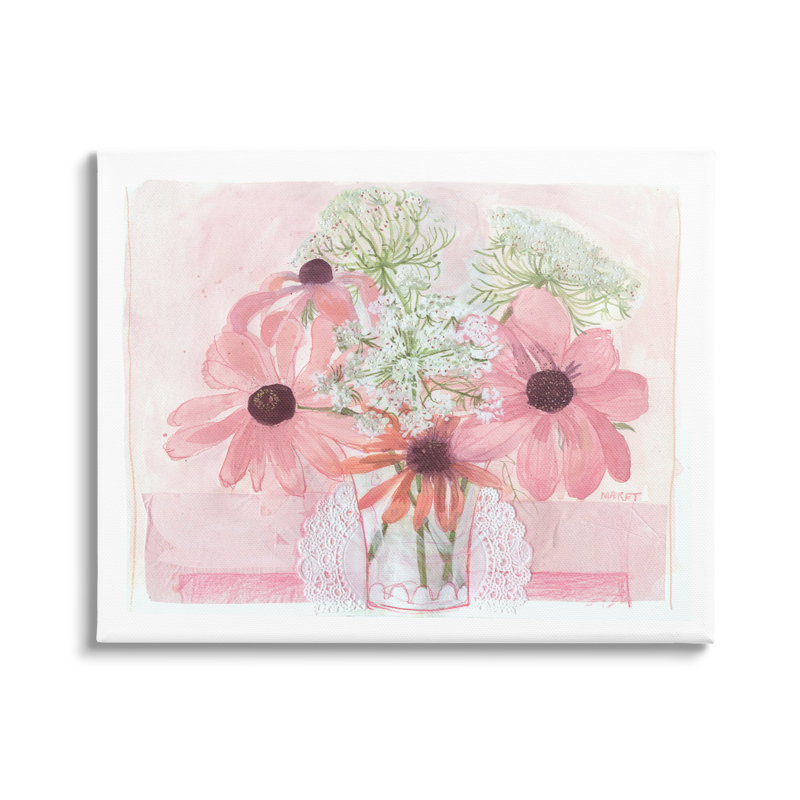 Vase délicat à motif de fleurs roses, Toile tendue, H 16 po x l 20 po x P 1,5 po