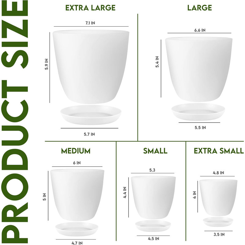 Ensemble de 5 pots à fleurs en plastique blanc (7 / 6,6 / 6 / 5,3 / 4,8 pouces)