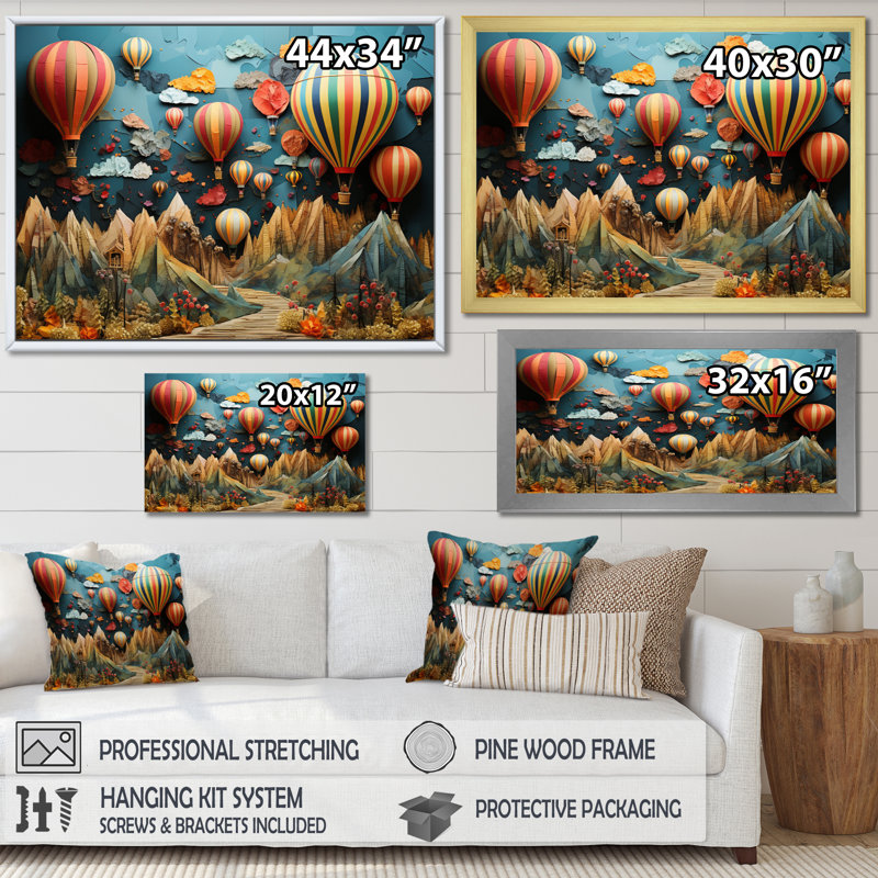 Colourful Hot Air Ballon Collage - Transportation Wall Art Living Room, H 16 po x l 32 po x P 1 po, Cadre flottant noir