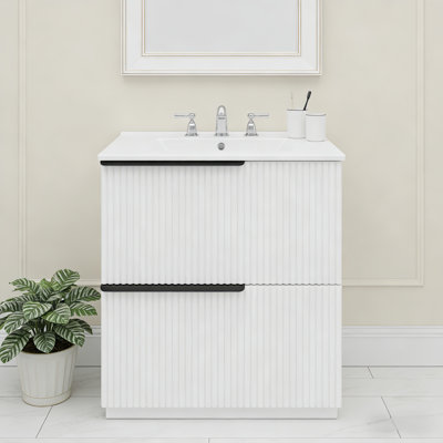 Meuble-lavabo 30 po avec lavabo en céramique et tiroirs pleine extension, meuble-lavabo autoportant avec glissières de tiroir à fermeture douce, conception cannelée, blanc