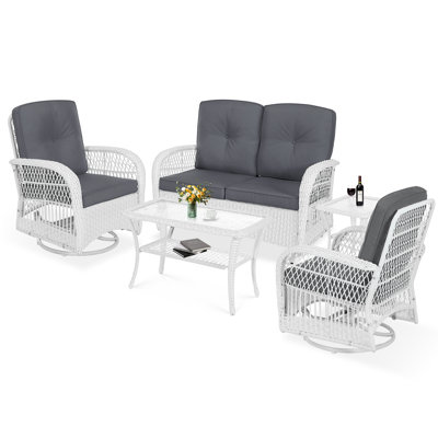  Ensemble de conversation en rotin 5 pièces, ensemble de conversation en osier toutes saisons - 2 chaises pivotantes à bascule, 1 causeuse en rotin avec coussins, 2 tables basses et osier blanc