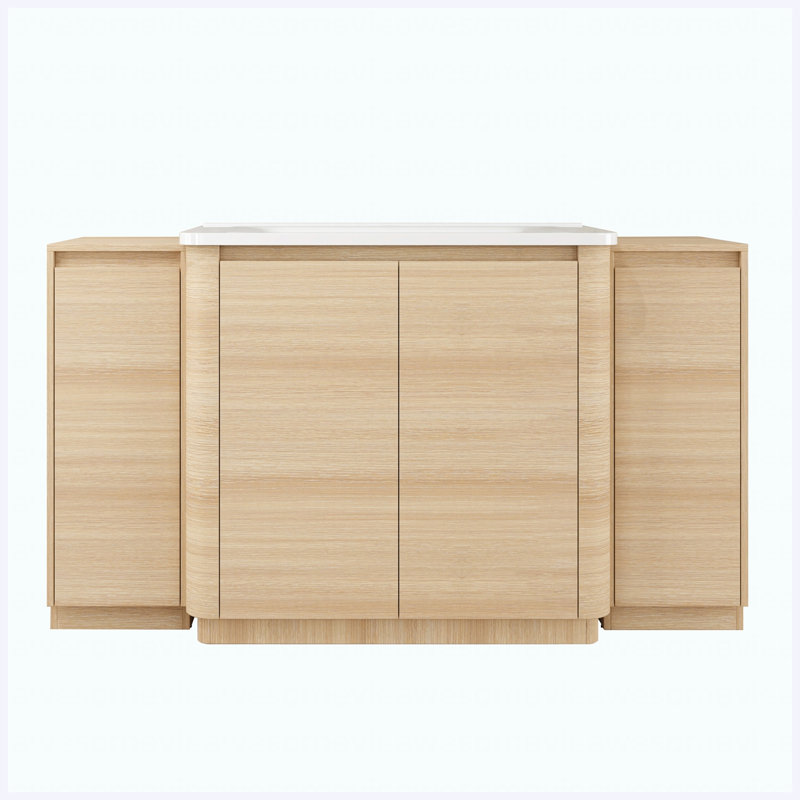 Meuble-lavabo autoportant 60 po en chêne blanc américain avec lavabo en céramique blanche, 2 petites armoires de rangement et portes à fermeture en douceur