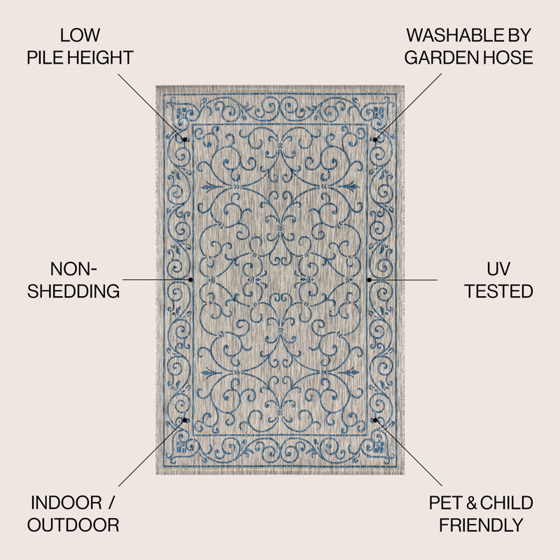 Hagerman Vintage Filigree Textured Weave Gray/Navy Indoor/Outdoor Rug, Rectangle 7'9" x 10'