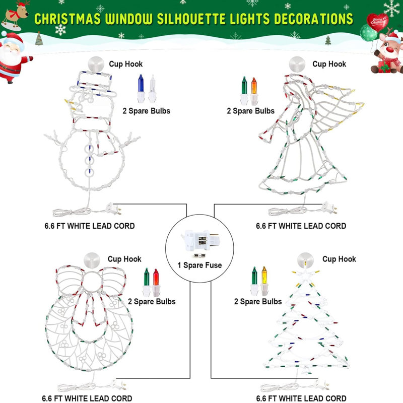 Christmas Window Silhouette Lights Decorations Pack Of 4 Lighted Snowman, Trumpeting Angel, Wreath, Christmas Tree Christmas Window Lights With 50 Bulbs For Holiday Indoor Wall Door Glass Decorations