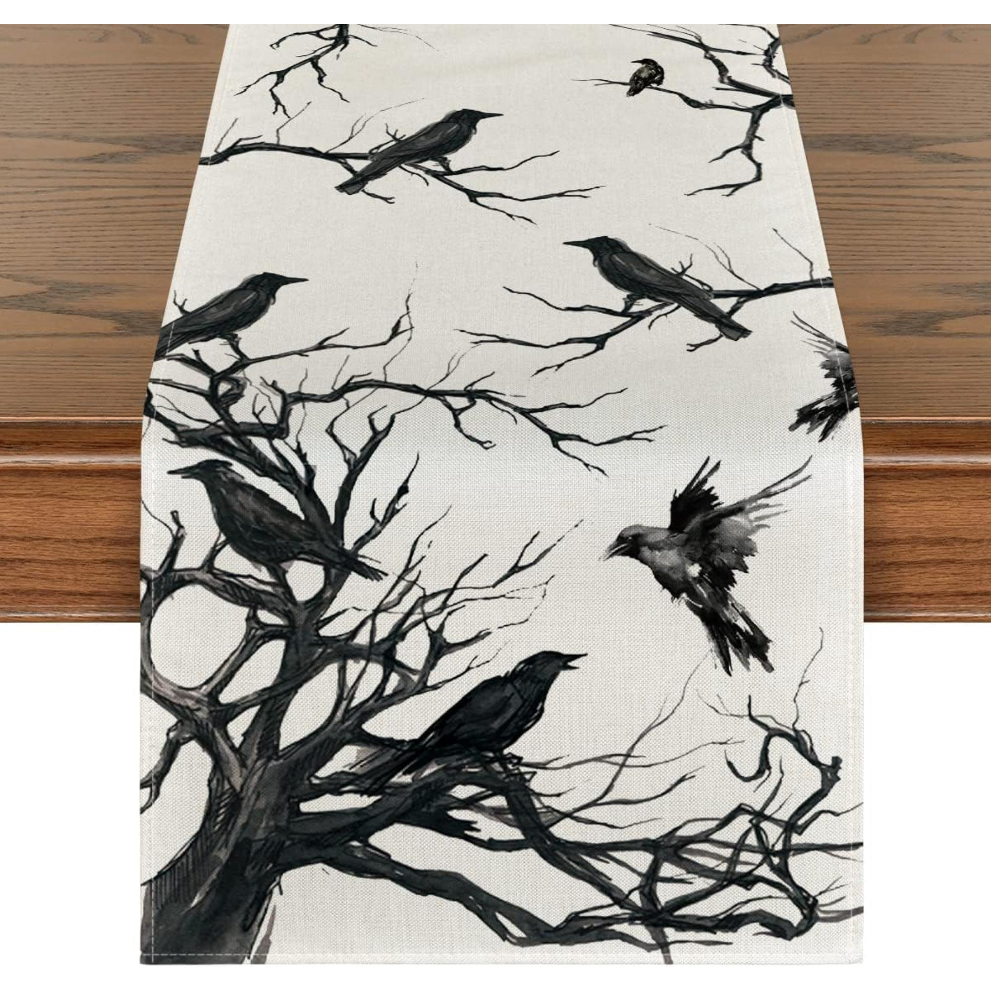 The Holiday Aisle® Silhouette Tree Crows Halloween Table Runner, Branches Fall Kitchen Dining Table Decoration For Outdoor Home Party | Wayfair