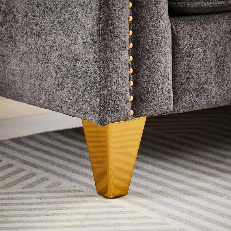 Chenille en tissu avec décoration à boucle, confortable, pieds en métal, 2 coussins décoratifs gris pour le salon, boutons en mousse, coussin en mousse,
