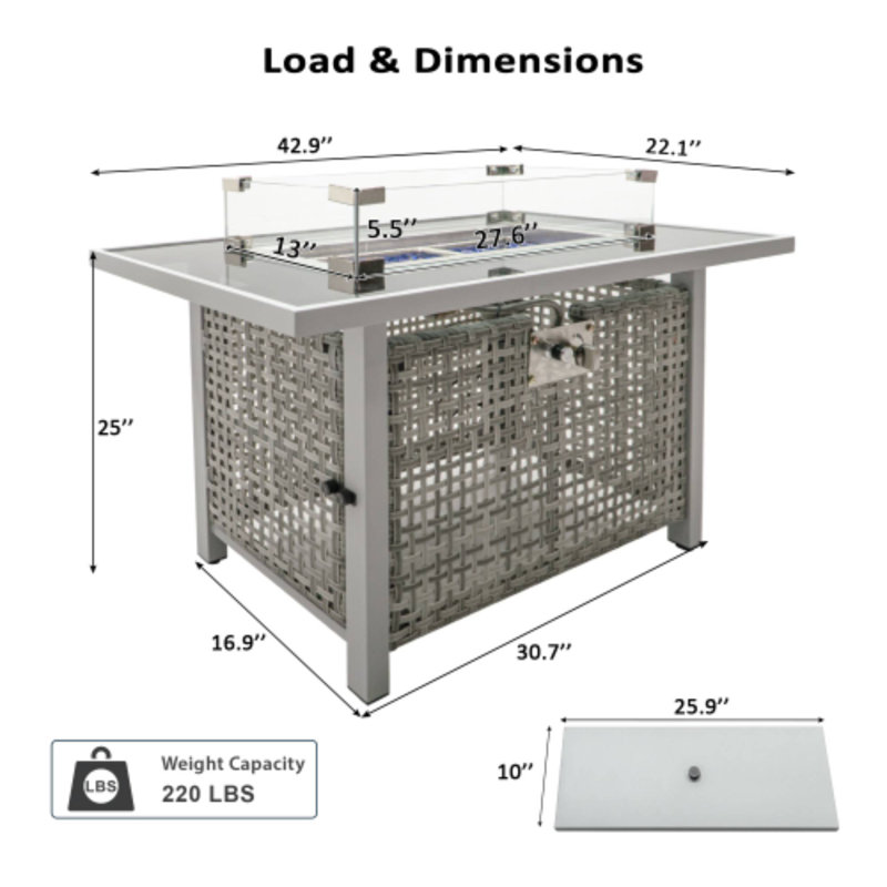 Table de foyer d'extérieur au propane 43 po 60000 BTU, Gris