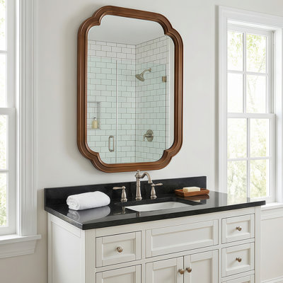 Miroir de coin rond en bois massif noir de 24 po x 36 po de couleur noyer noir, pour chambre à coucher, salle de bain, salon, vestibule