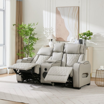 Canapé inclinable électrique 2 places avec éclairage DEL, porte-gobelets, console de rangement, surpiqûres en losange et accoudoirs rembourrés, revêtement en similicuir pour home cinéma.