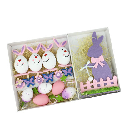 Ensemble de 16 œufs de Pâques mauves et blancs décorations printanières de fleurs et de lapins