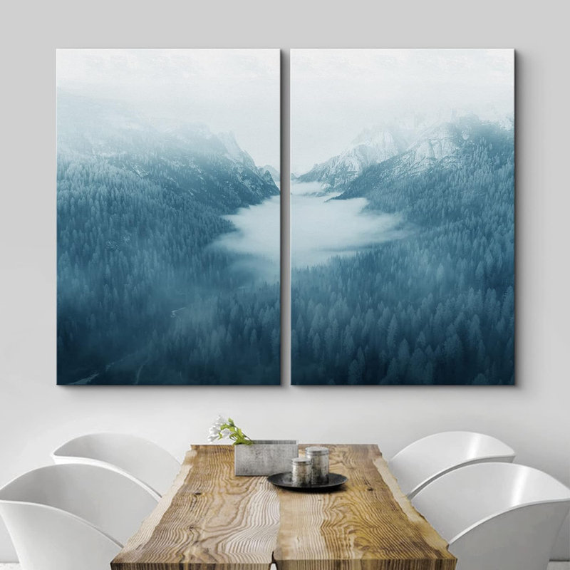 Vue aérienne de Misty Mountain Range Valley, impression de paysage sur toile, 2 pièces, Toile tendue