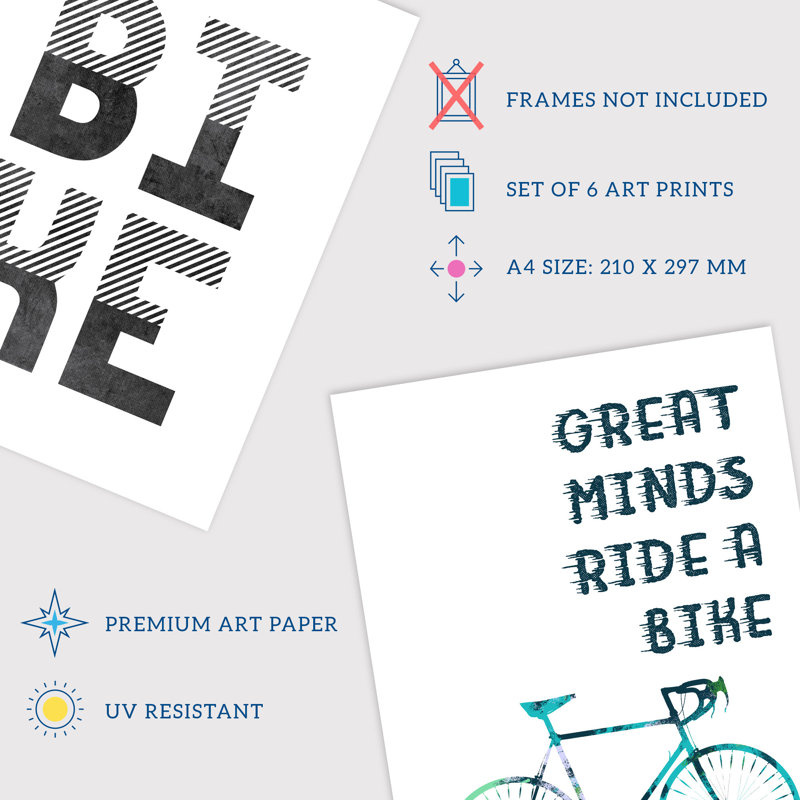 Love Cycling Bicycle Theme Quote Black And White Bike - 6 Piece No Frame Print Set, 29.7cm H x 21cm W x 0.4cm D