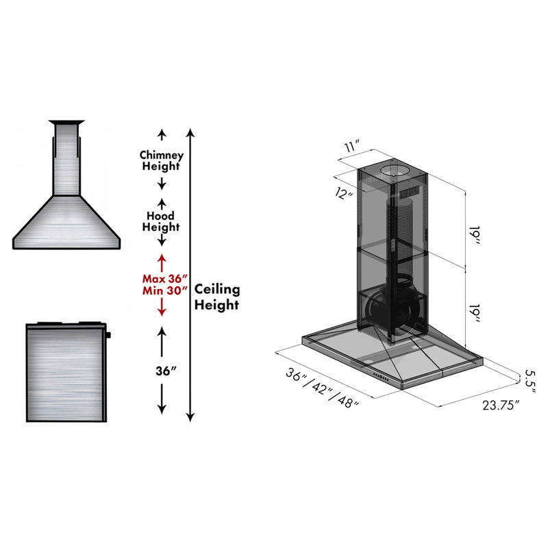36'' Black Stainless Steel Convertible Island Range Hood