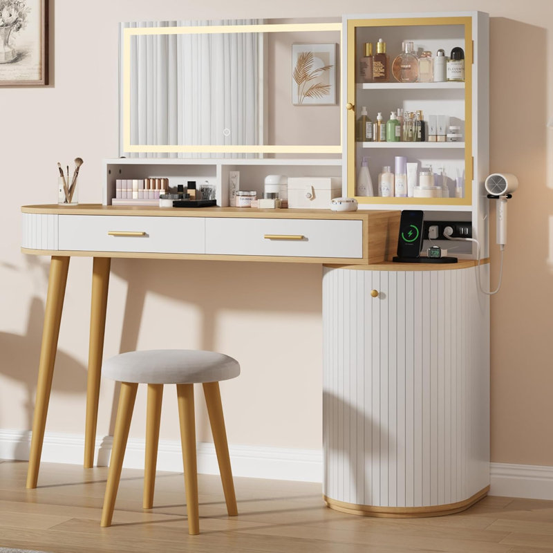 Bureau de coiffeuse avec miroir lumineux, coiffeuse de 47,2 pouces avec tabouret et station de charge, White
