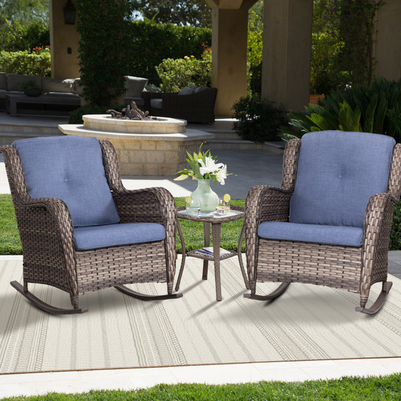 Ensemble de conversation 3 pièces avec chaise berçante et coussins beiges, Bleu