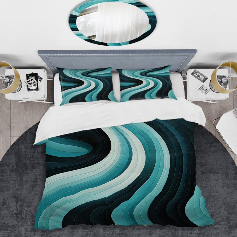 Ensemble de housse de couette en microfibre / polyester turquoise et noir, Housse de couette pour grand lit et 2 taies décor