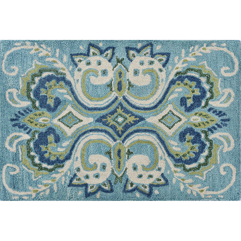 Adelaide Hand Hooked Aqua/Green/Ivory Wool Rug, Rectangle 2' x 3'