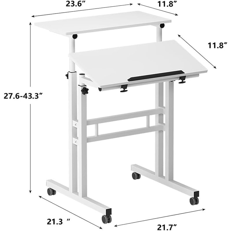 Petit bureau debout de 23,6 po avec roulettes, bureau mobile debout avec sièges et sièges 2 modes, table debout portable sur roulettes pour tapis de marche, bureau d'ordinateur roulant réglable en hauteur